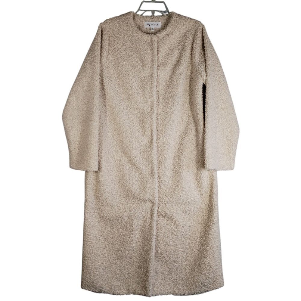 Prologue Small Beige Collarless Teddy Bear Coat Jacket Pockets Long Snap Buttons